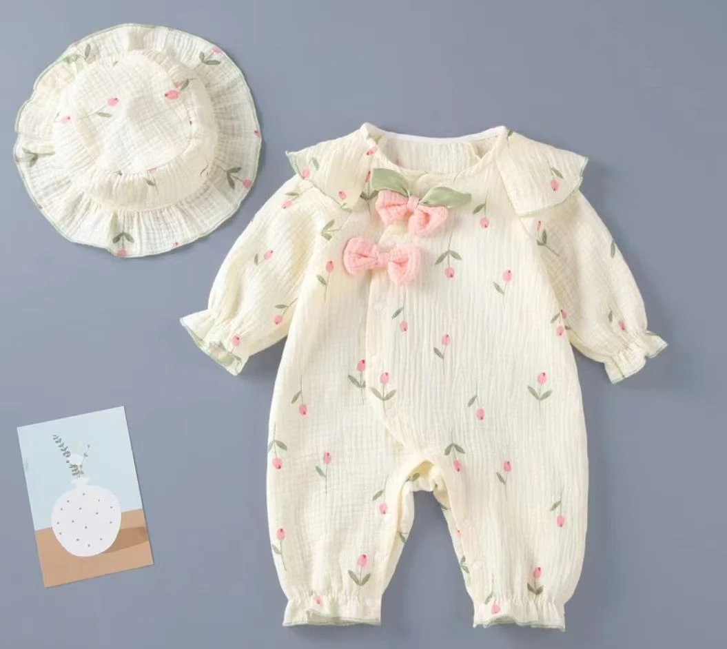 ZZJ宝宝春秋薄款纱布棉田园碎花女宝连体衣[下单送帽子】