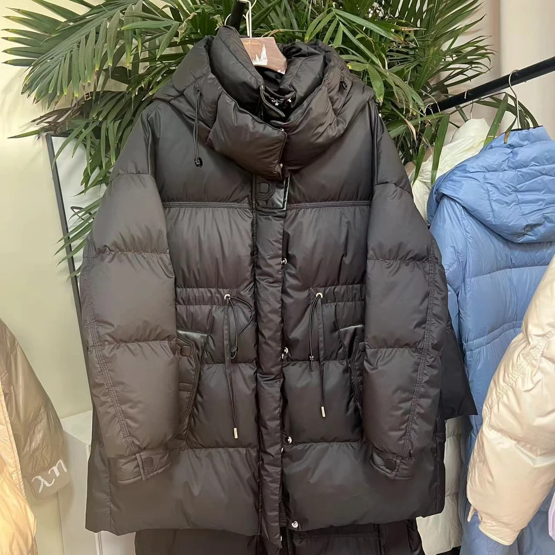 2024冬新款羽绒服女短款连帽加厚泡芙拼接皮小个子白鸭绒保暖外套