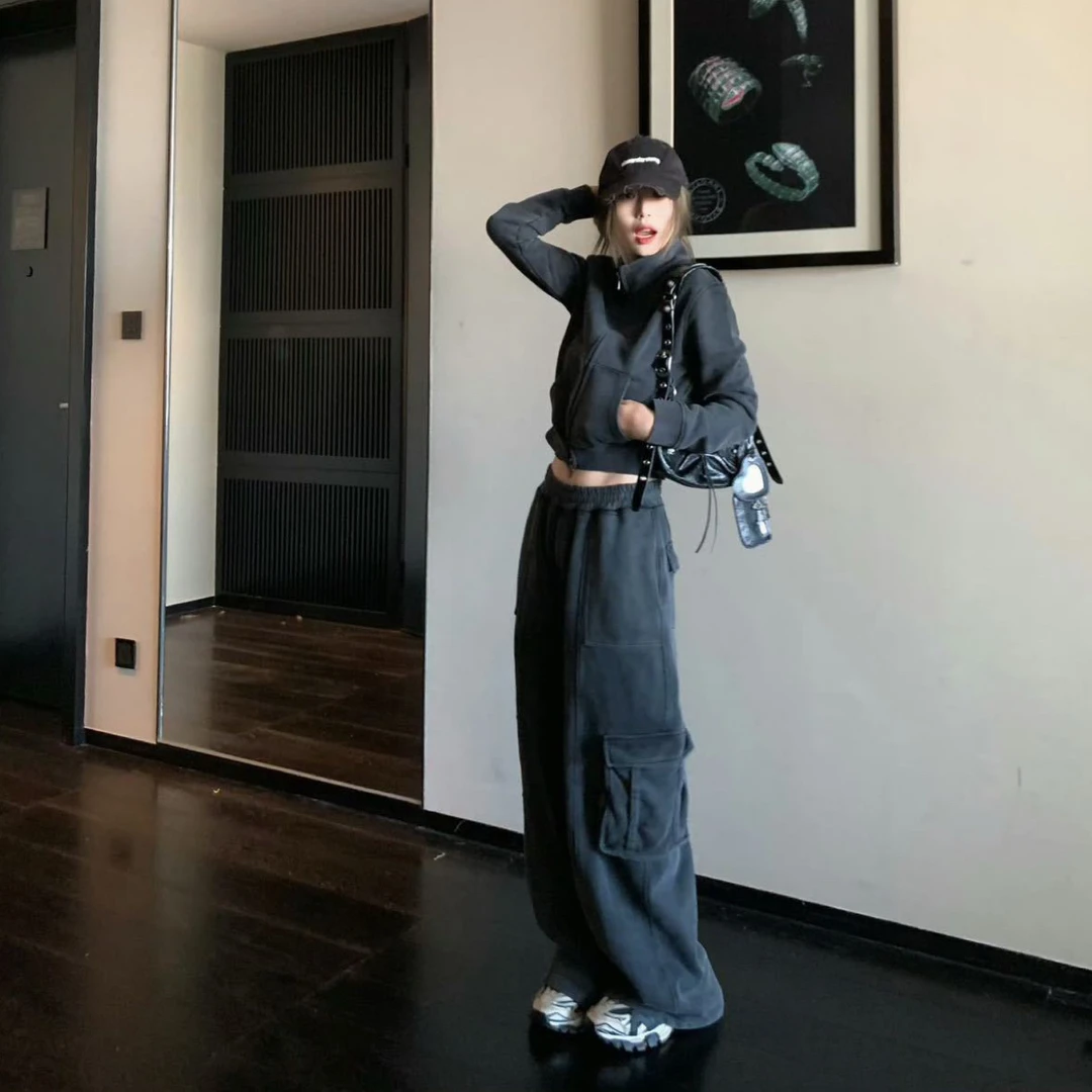高阶玩家风格高克重立裁炒色重工水洗卫衣套装女秋冬款女装春秋