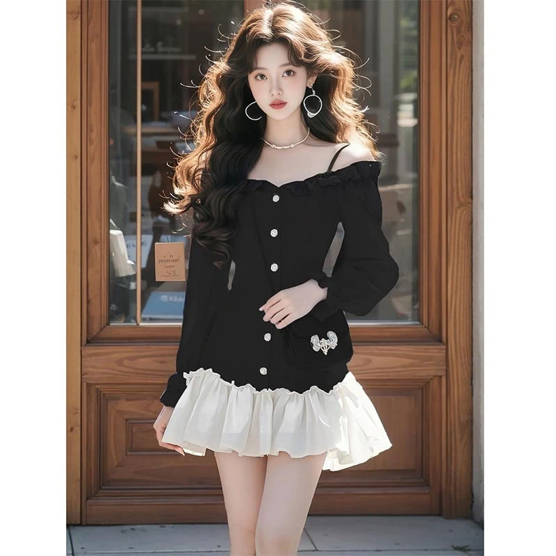 2025春秋新款千金风黑色高级感连衣裙女小众收腰显瘦设计感短裙子