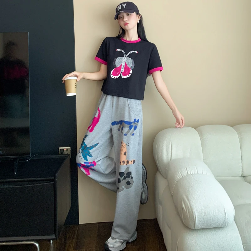 欧货休闲运动套装女夏季新款宽松设计感洋气卡通印花阔腿裤两件套