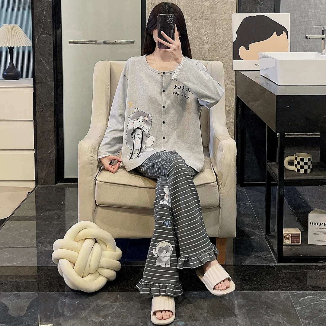 睡衣女春秋季纯棉长袖大码2025年新款保暖条纹长裤猫咪套装家居服