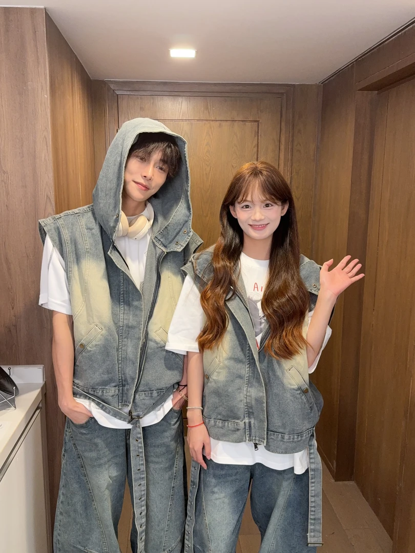 小众坎肩设计感做旧连帽牛仔马甲套装男夏季直筒阔腿牛仔裤潮