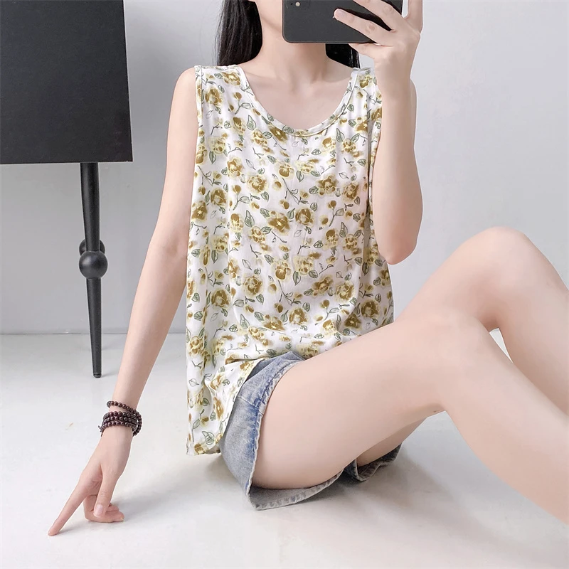 大码宽松棉绸妈妈装打底衫夏时尚休闲背心薄款人造棉碎花上衣吊带