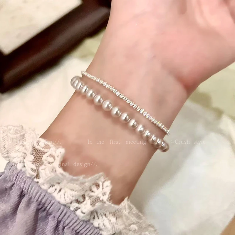 铜合金仿珍珠手链 双层叠戴曼塔玫瑰手链女小众设计高级手饰9524