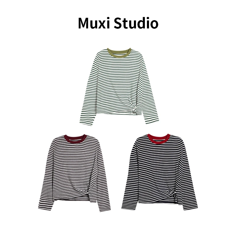 Muxi‘’春季新款天丝羊毛撞色条纹圆领长袖t