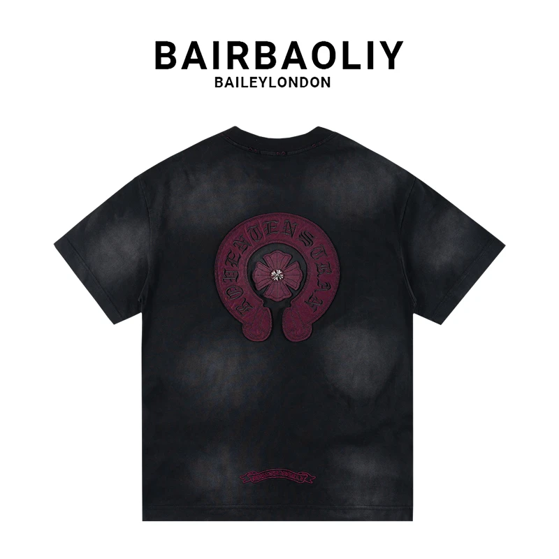 BAIRBAOLIY经典刺绣十字架梵文LOGO大牌质感重磅高克重渐变短袖男