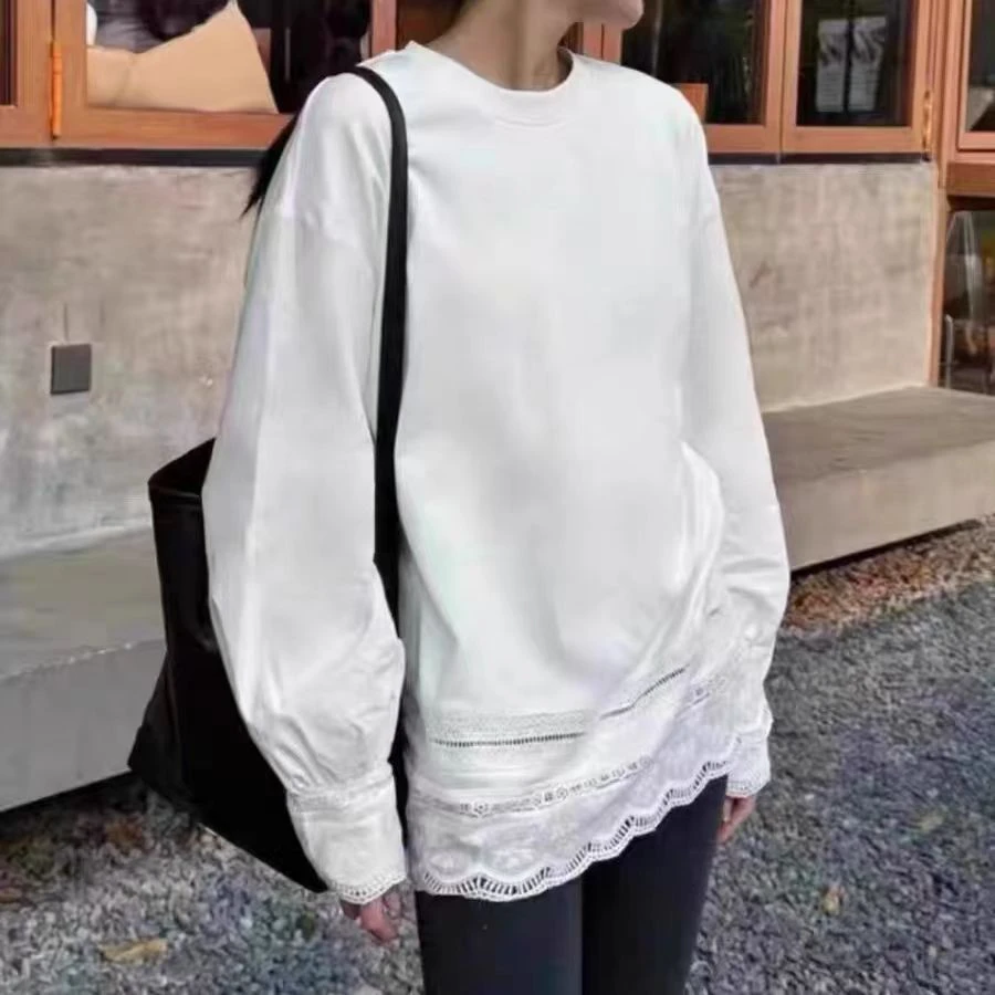 【薄万物生】春季韩系针织时尚百搭休闲蛋家蕾丝花边圆领衫28006-1