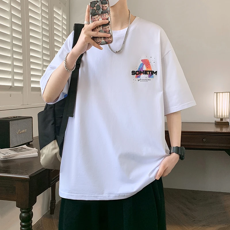 青少年学生夏新款圆领港风印花夏季宽松百搭五分袖时尚短袖T恤男