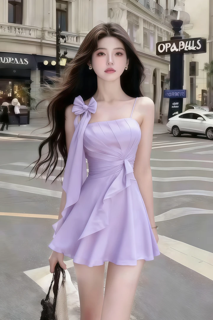 时尚氛围感甜美风少女感淡紫色一字肩吊带收腰设计连衣裙气质短裙