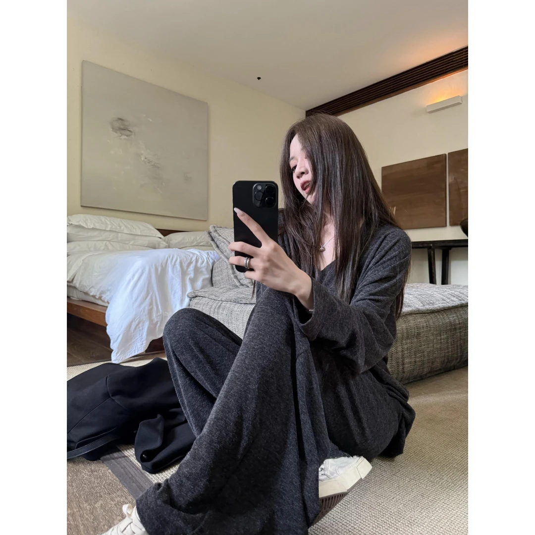 松弛感慵懒风v领长袖睡衣女款爆款春秋季新款宽松长裤家居服套装