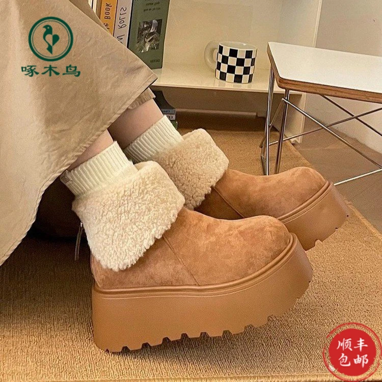 啄木鸟毛绒鞋包脚鞋毛鞋冬天北京爆款翻毛口厚底增高雪地靴女新款