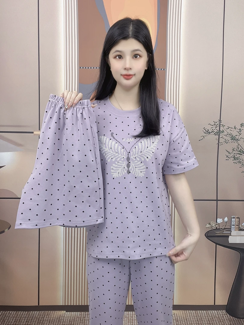 【拍一发三】睡衣纯棉夏季短袖七分裤带胸垫圆领休闲舒适家居服套装