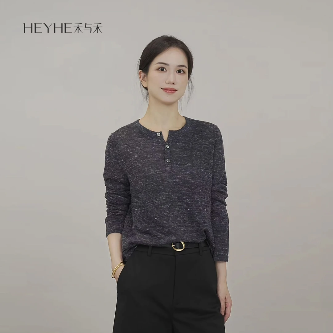 小禾【焦点】亚麻混纺亨利领透气百搭显瘦休闲套头针织衫长袖T恤