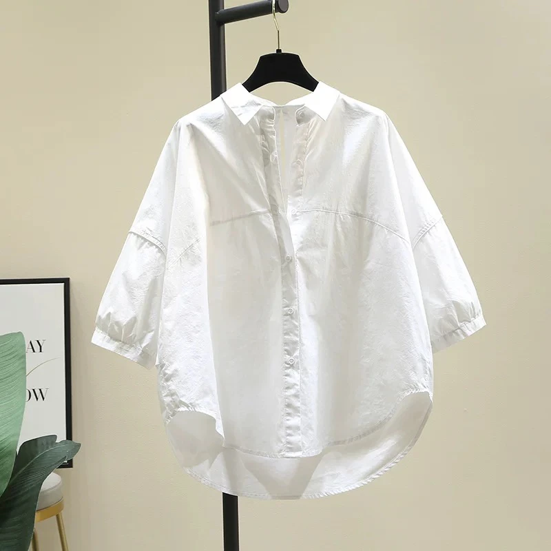 设计感镂空七分袖白衬衫女2025夏季新款韩版宽松显瘦减龄衬衣上衣