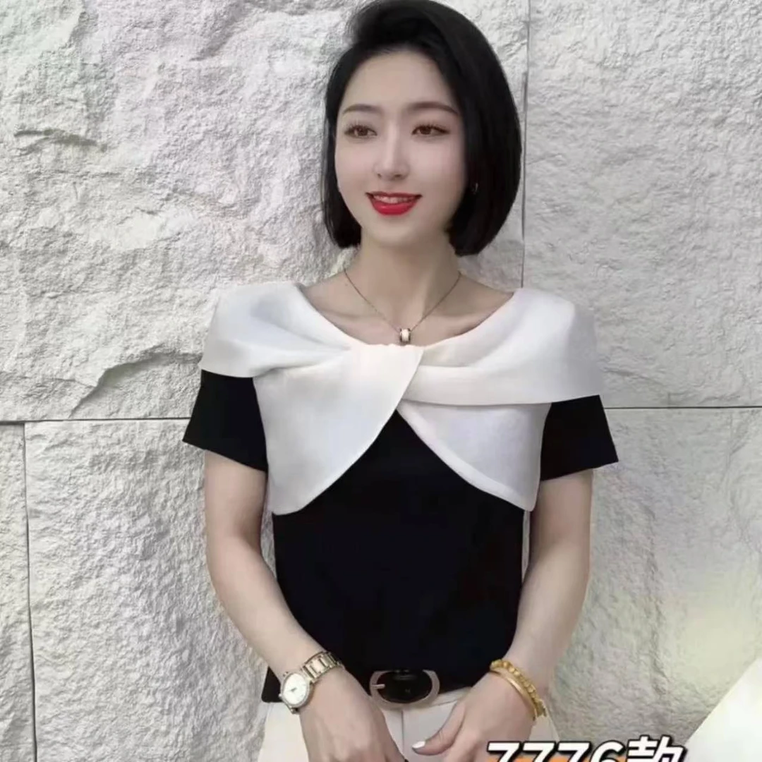 2025夏季时尚洋气新款潮流设计交叉领气质女士百搭显瘦短袖P7776