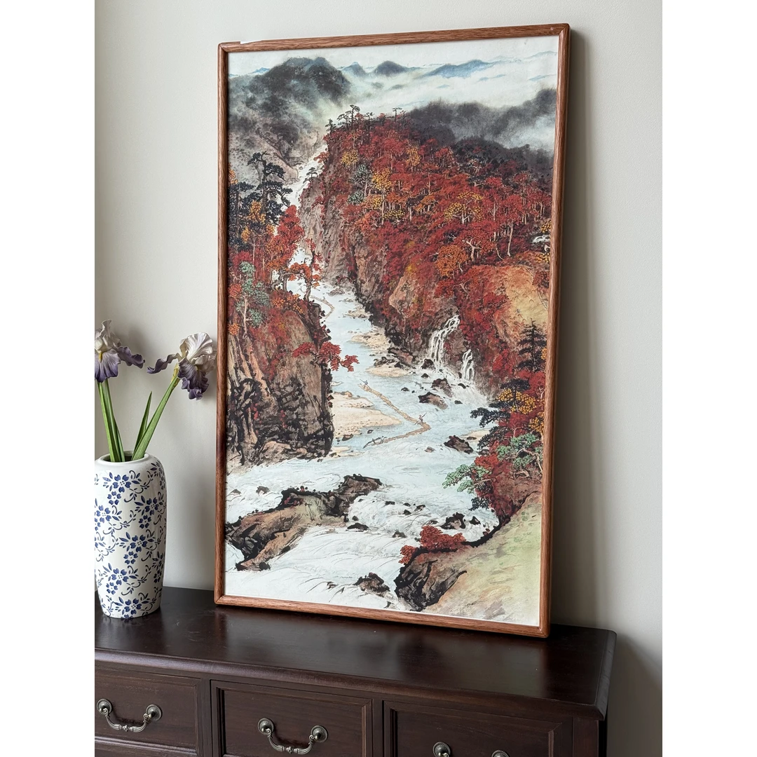 云见《枫岸听泉》框画实木装裱卯榫工艺