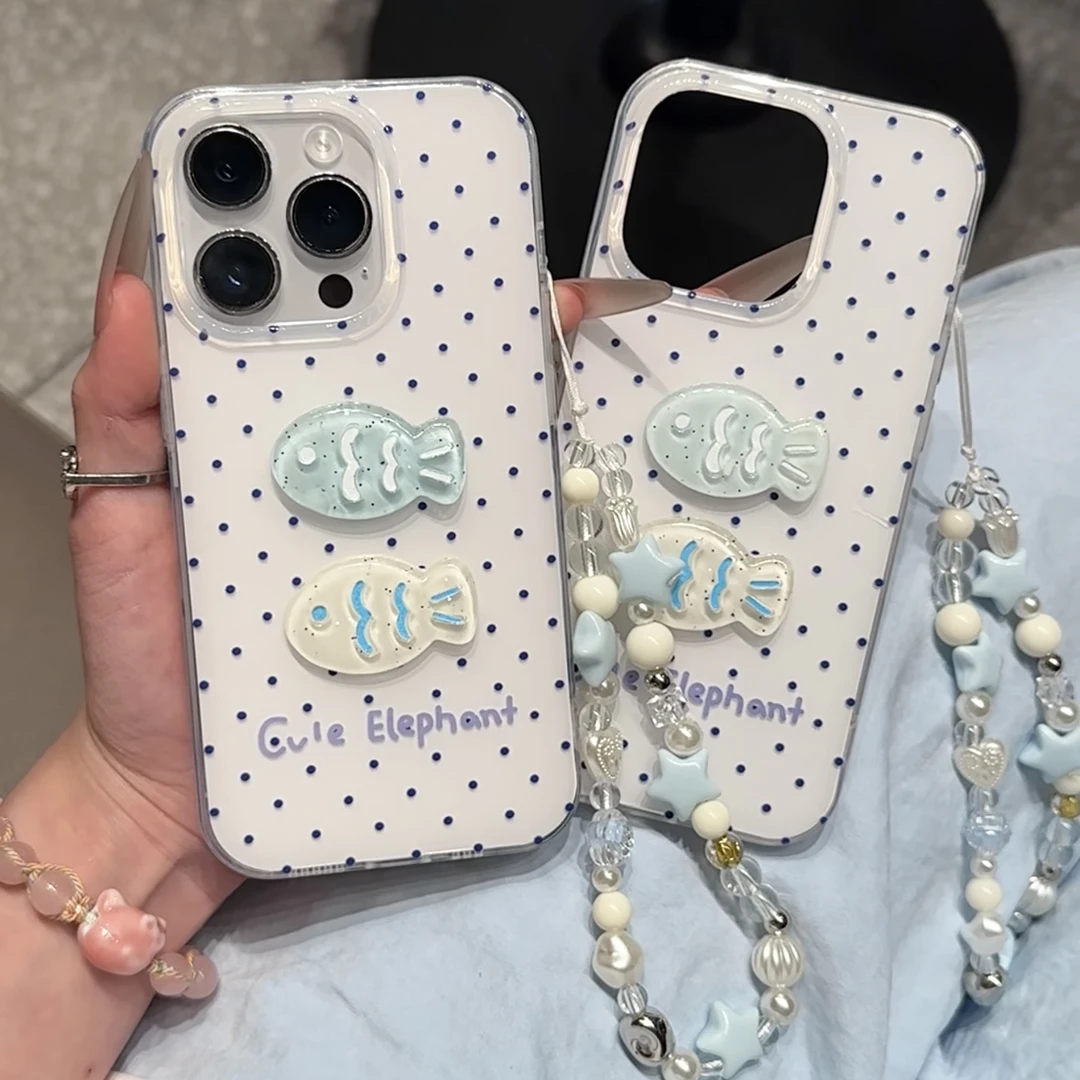 雅天立简约波点立体小鱼适用苹果16手机壳女华为P70vivoppo小米15