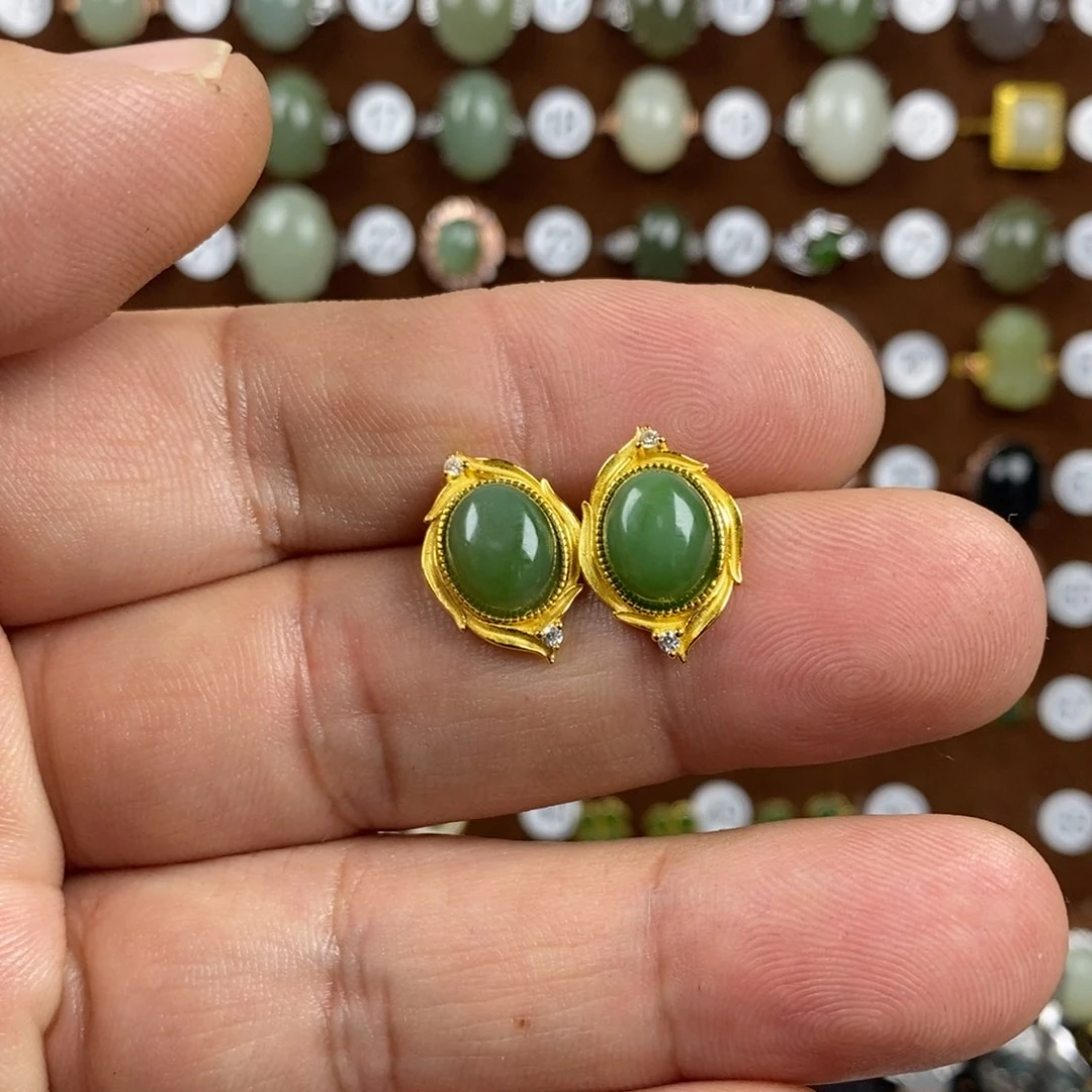 和田玉（碧玉）戒指银S925镀金镶嵌