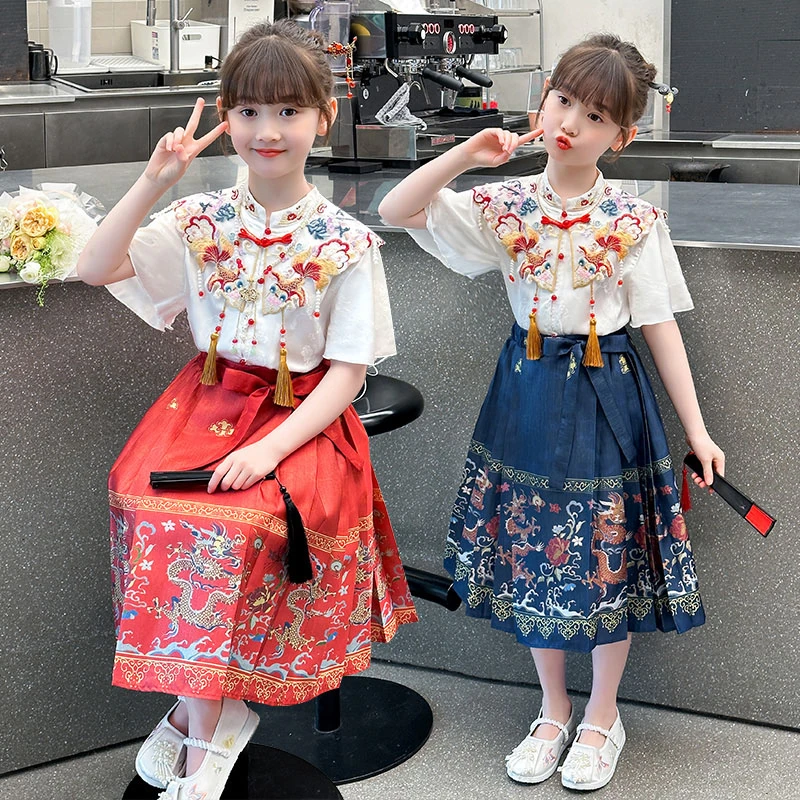 女童明制夏季马面裙中国风短袖衬衫古风小女孩裙子两件套复古夏装