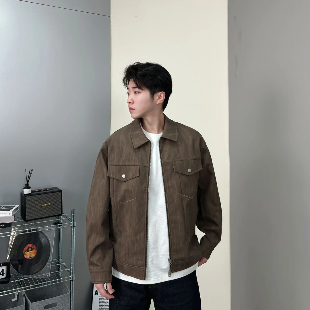 春季新款男士肌理感PU皮衣外套宽松潮流百搭质感软皮夹克66035