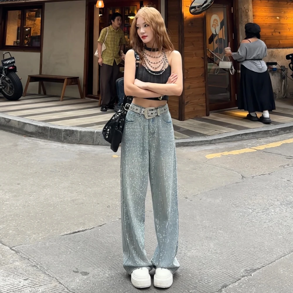 【满天星烫钻裤】设计感小众烫钻时尚高腰阔腿拖地牛仔裤女