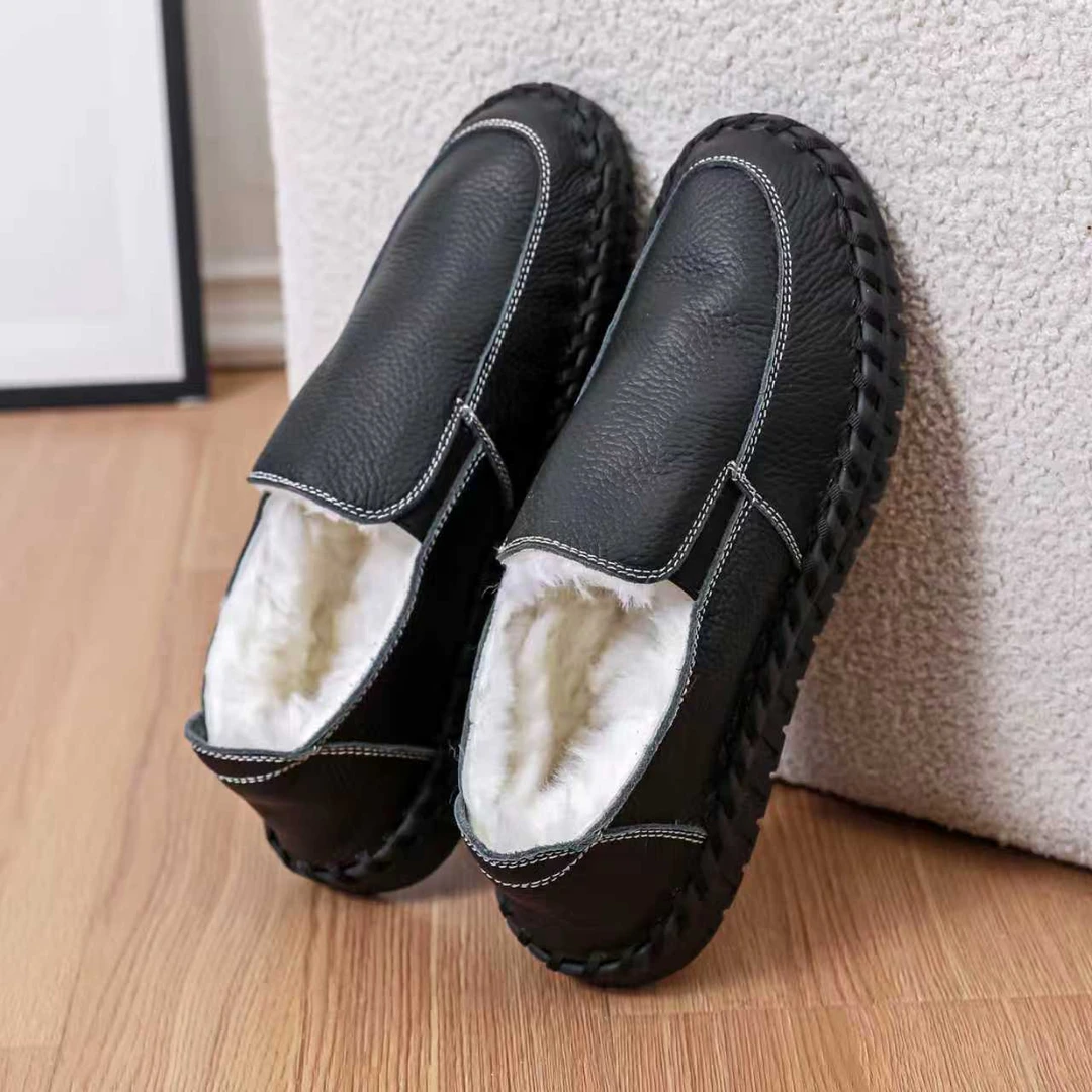 头层牛皮男士开车一脚蹬懒人秋冬保暖软底软面手工羊皮毛一体棉鞋