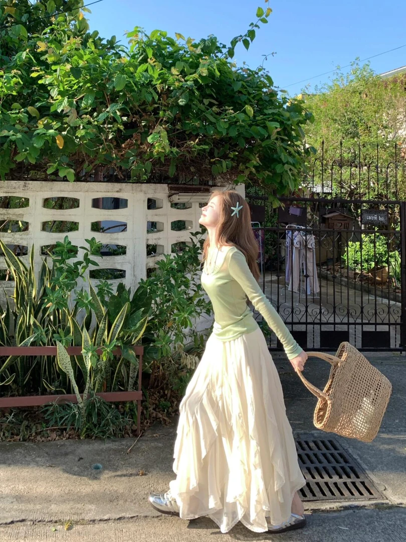 【午后少女】春夏欧若风绿色假两件上衣打底衫高腰不规则半裙套装女