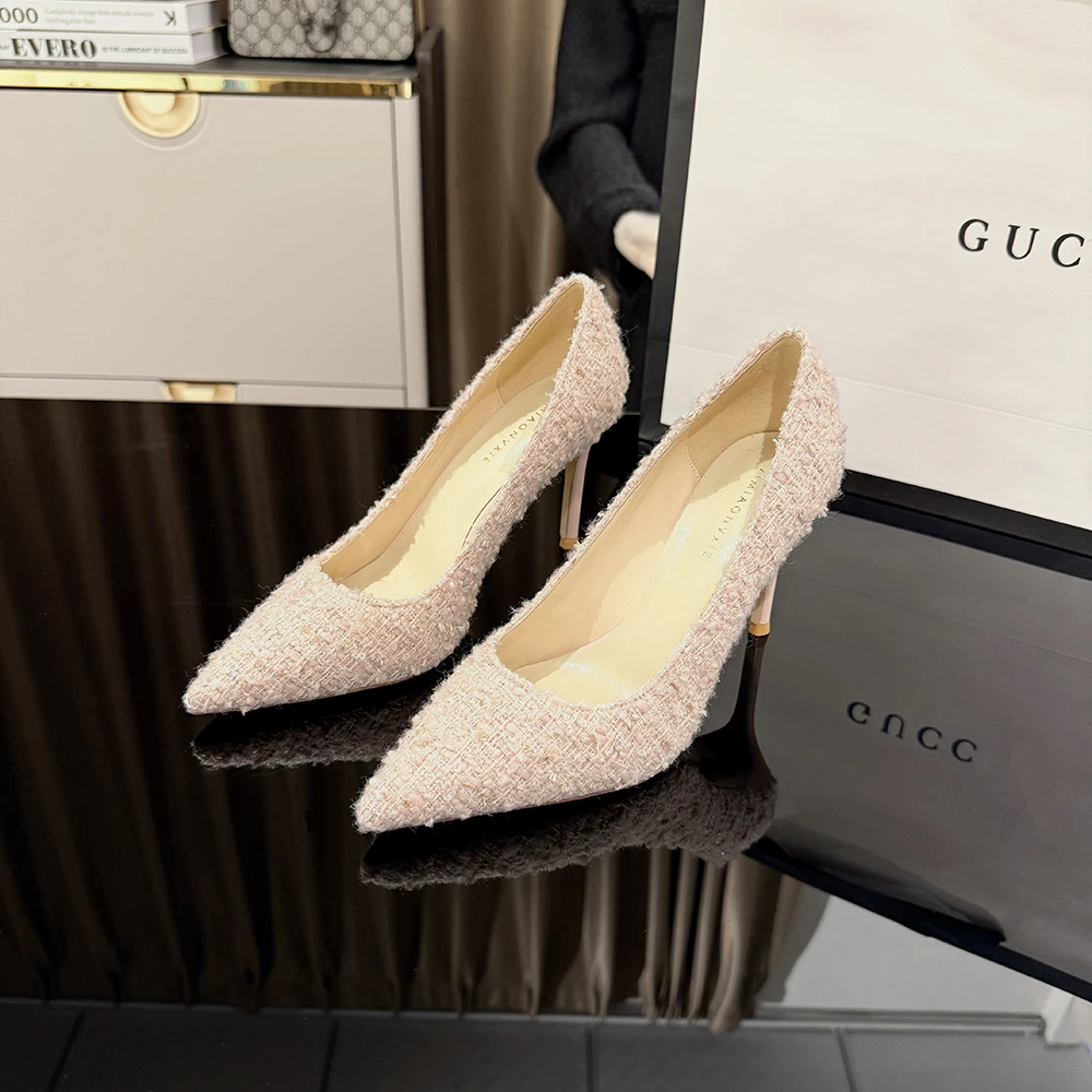 【VIMIAONVXIE】甘师傅匠心之作小香风桃粉真皮高跟鞋细跟名媛气质