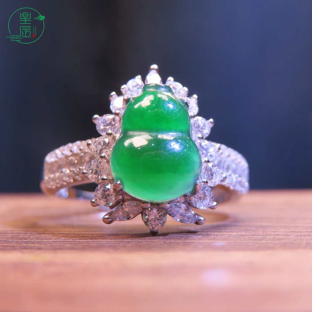 星辰设计款满绿翡翠葫芦戒指天然翡翠A货S925银镶嵌时尚