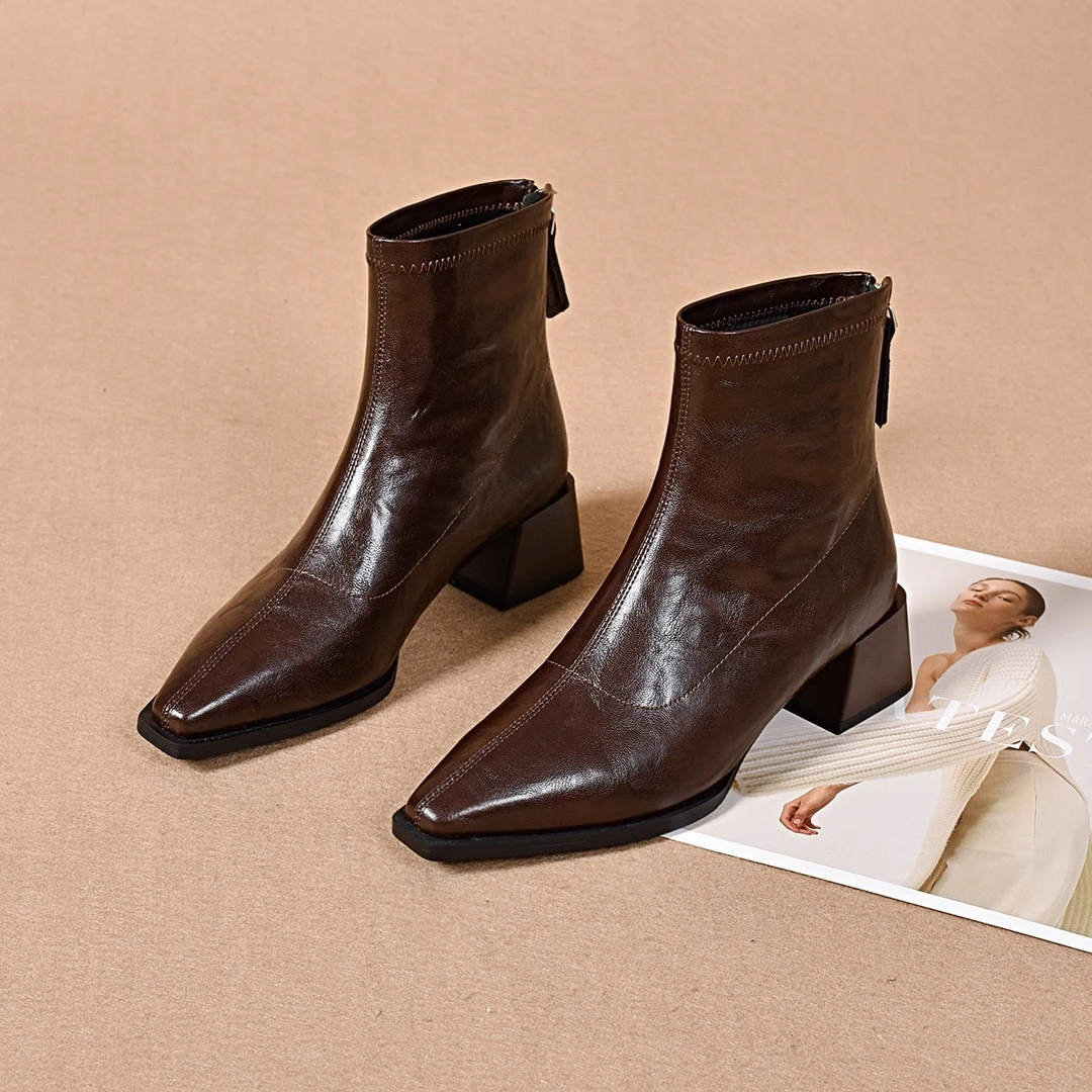 25年切尔西短靴女英伦风厚底加绒显瘦复古堆堆靴尖头粗跟羊皮裸靴