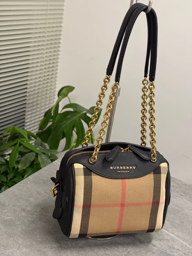 95新 BURBERRY/博柏利 经典格纹波士顿手提单肩包