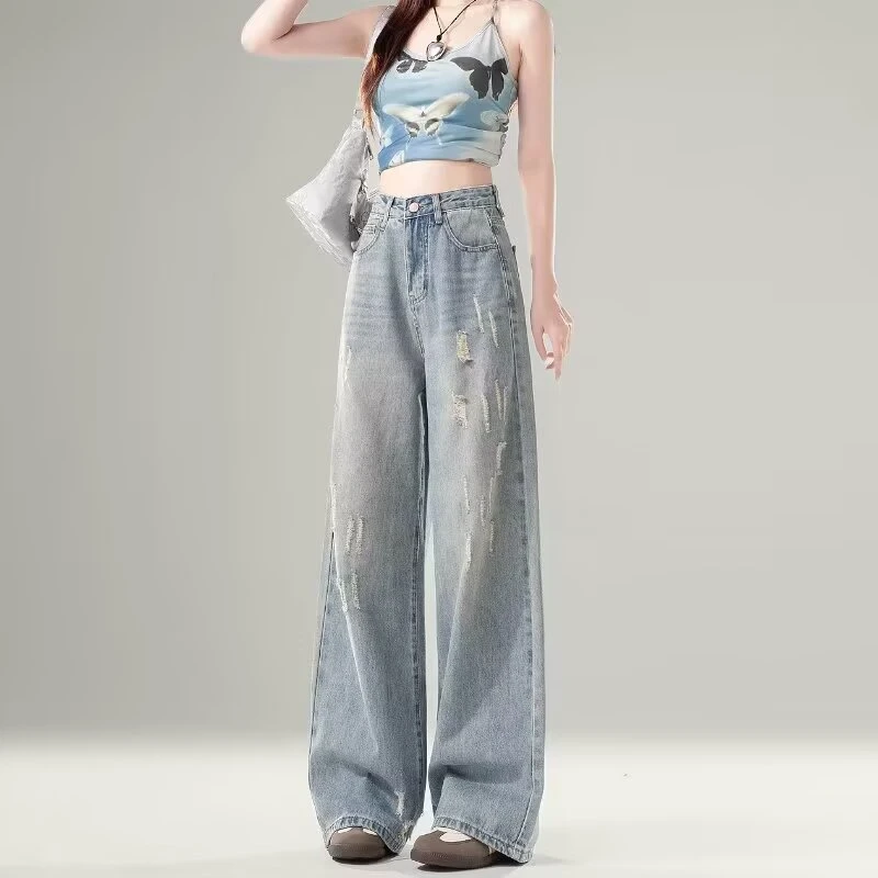 大码胖MM牛仔阔腿裤女秋季新款小个子高腰宽松显瘦水洗破洞长裤子