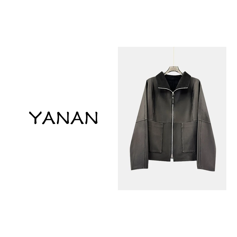 【亚楠本楠】山羊皮复古时尚休闲秋冬百搭气质皮上衣8401