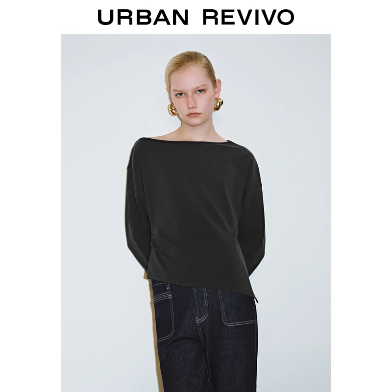 UR2025春季新款女装欧若风不规则设计感斜肩领宽松T恤UWM450012