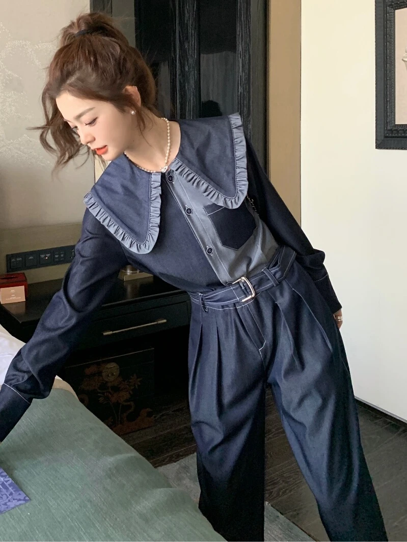 法式娃娃领牛仔连体裤女春秋2025时尚新款高级感休闲九分裤连衣裤