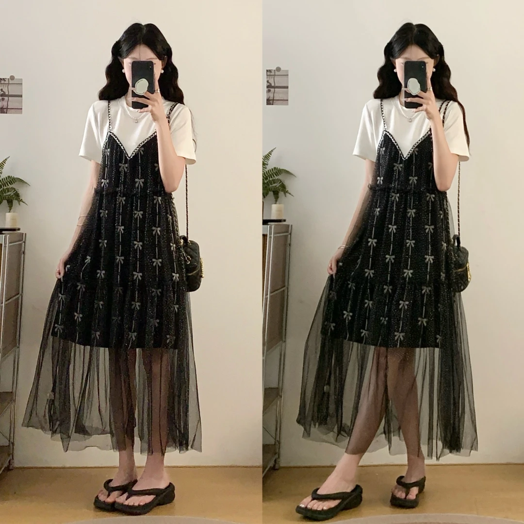 大码女装夏季新款法式轻奢气质拼接假两件收腰显瘦连衣裙