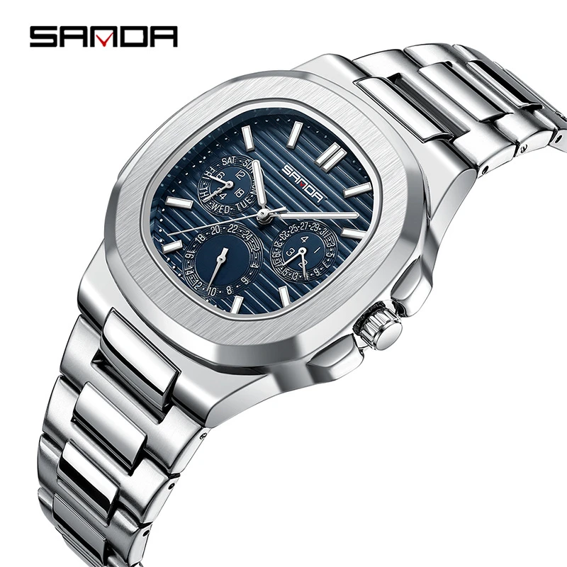 SANDA/三达男士石英表时尚鹦鹉螺防水手表三眼六针男款商务表