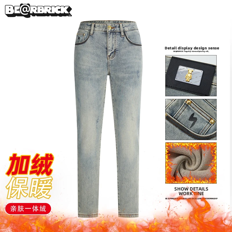 积木熊Be@rbrick【明星同款】加绒手绘牛仔裤男士冬季保暖潮流修身