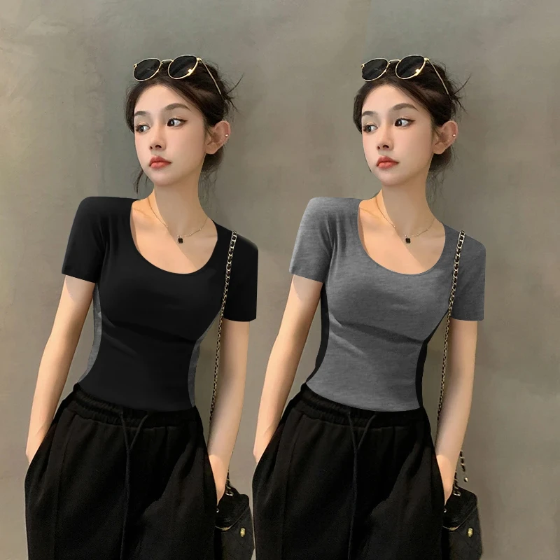 【专柜正品】早春夏季新款螺纹撞色圆领短袖女修身低圆领内搭上衣女