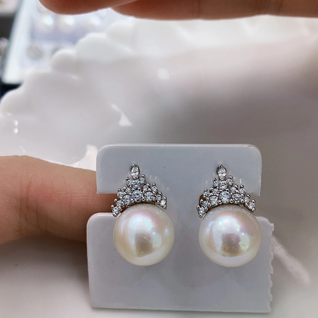 银S925镶嵌清库存特价极光耳饰11-12mm淡水珍珠