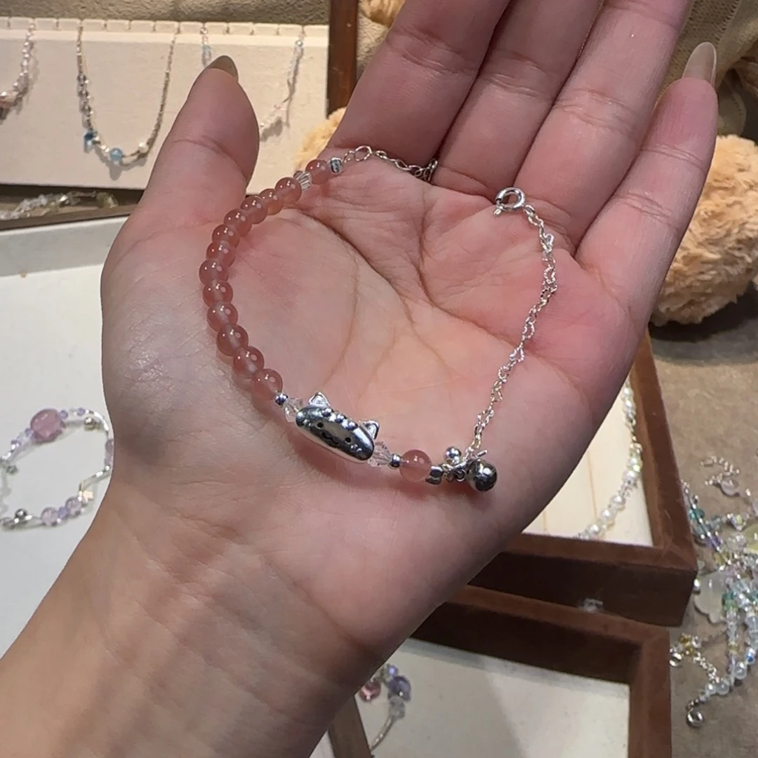 银S925镶嵌烟晶手链小猫吃鱼
