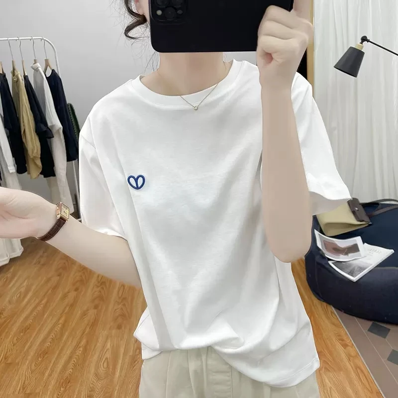 高品质纯棉短袖T恤女2025夏季圆领宽松爱心刺绣上衣复古体恤打底