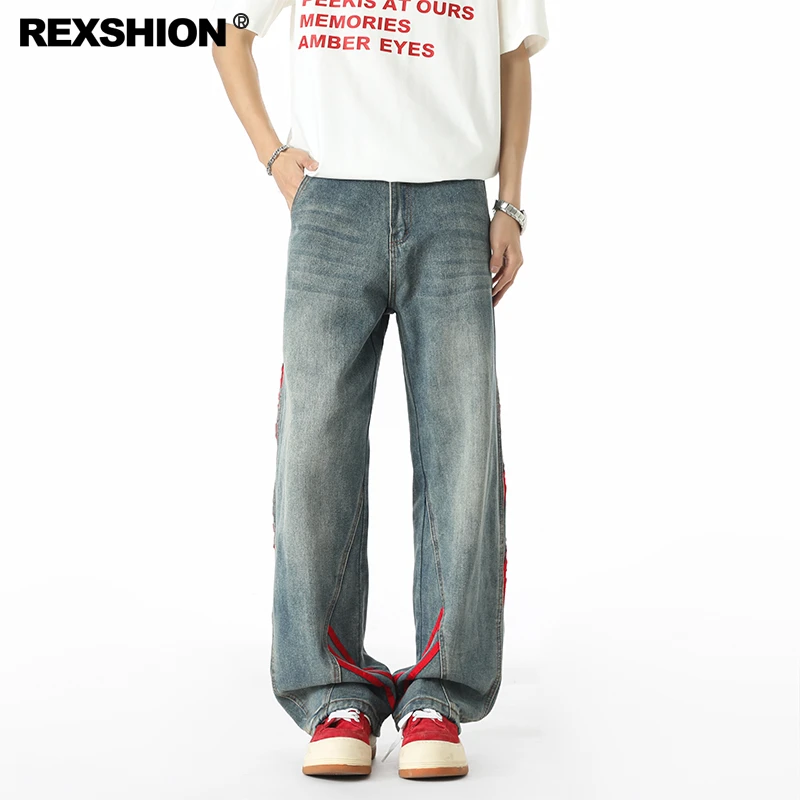 REXSHION秋季新款条纹牛仔男美式复古潮流休闲宽松直筒阔腿工装裤