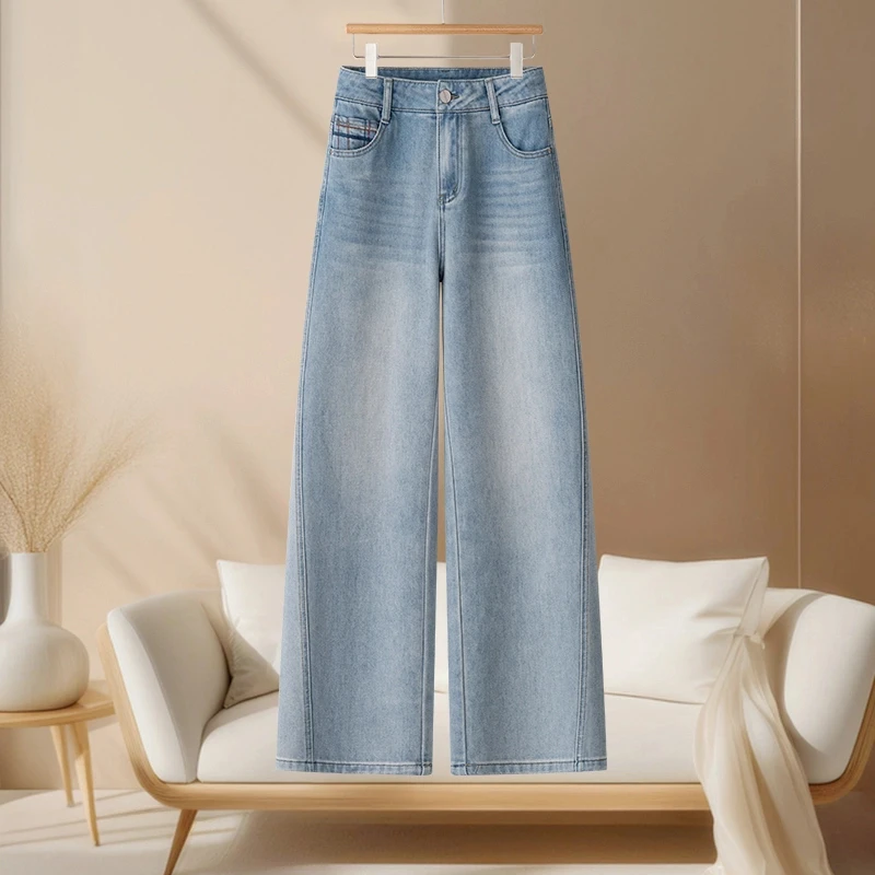 浅蓝色天丝垂感阔腿牛仔裤女夏季新款高腰宽松显瘦直筒拖地裤5752