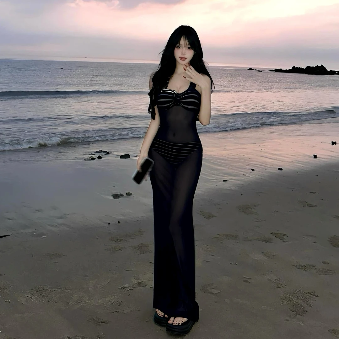 ZiRu【肯豆风】新款泳衣遮肉女士性感比基尼薄纱藏蓝罩衫过膝裙泳衣