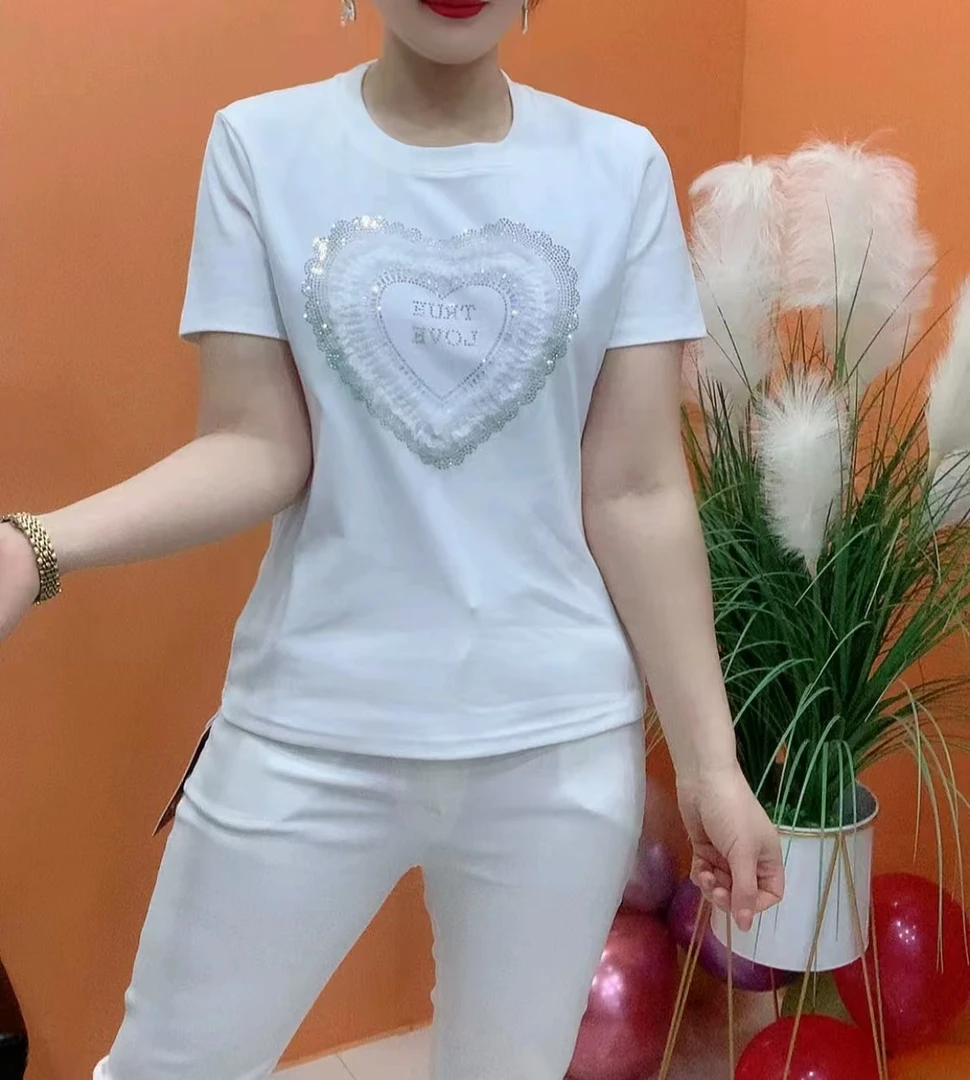 时尚气质钻新潮风短袖T恤修身显瘦圆领款