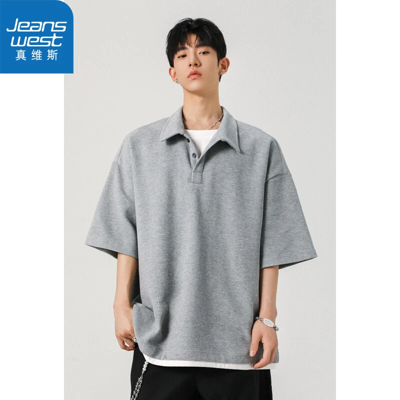 真维斯潮牌落肩大气纯色男士polo衫简约翻领短袖美式休闲上衣潮流