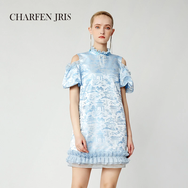 朝峰JRIS春夏季新款水蓝国风提花连衣裙FJE2H675-6103G推荐官