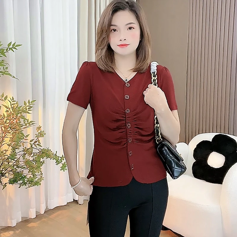 2025夏季新款韩版百搭短袖上衣T恤设计感小V领显瘦修身开叉上衣服